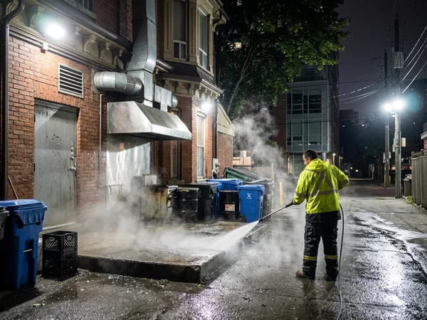 Night-time hot-water degreasing behind a Toronto restaurant