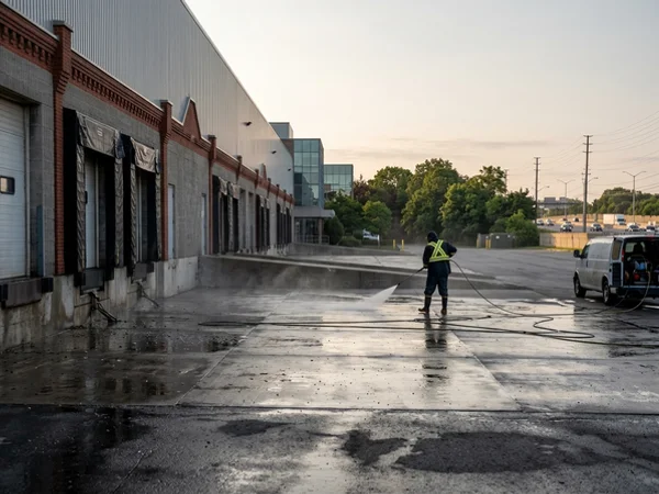 Highway 401 logistics warehouse dock aprons after washing