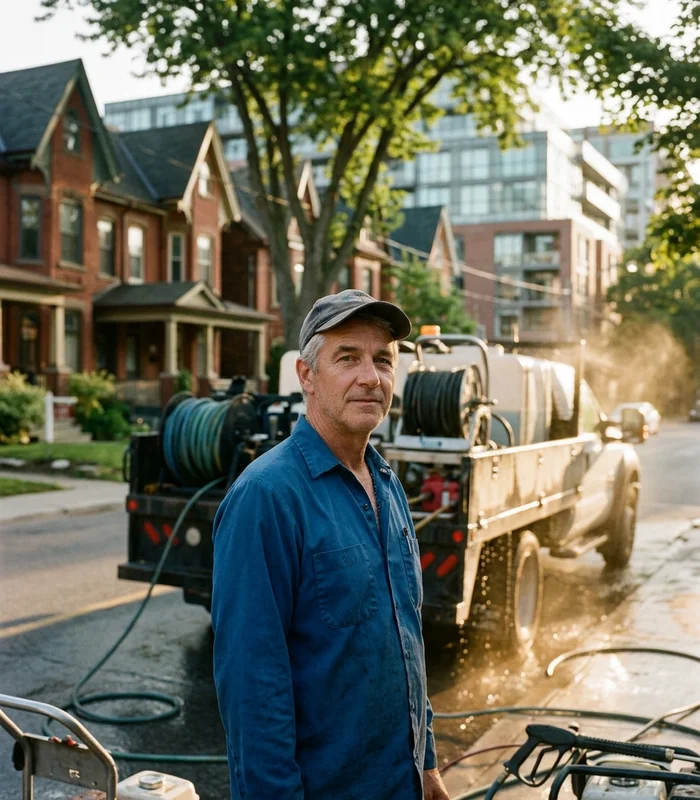 Darius Volkov, founder of Power Pressure Washing Toronto, beside a hot-water rig