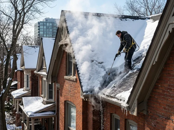 Steam channels cut through a roof valley ice dam