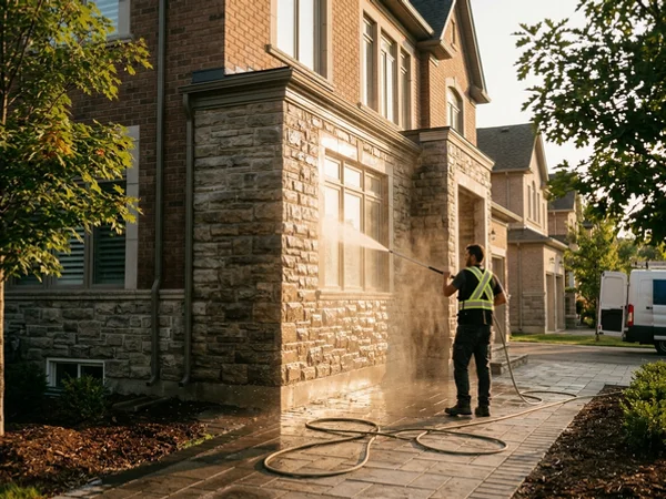 New custom home stone and brick facade after post-construction wash