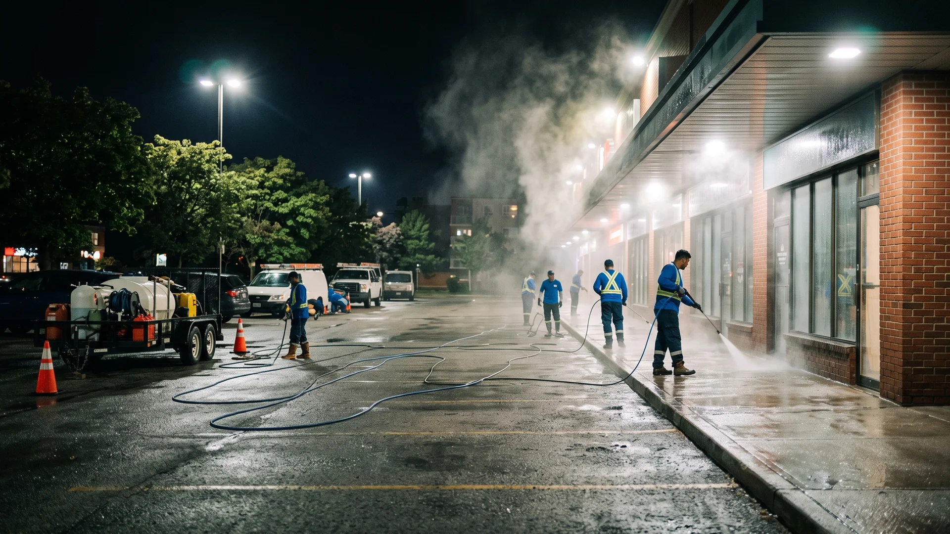 Night-time hot-water washing of a Scarborough strip plaza sidewalk under the canopies