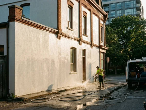 Stucco commercial wall after SoftWash algae removal