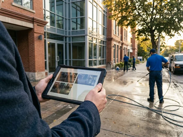 Property manager reviewing a timestamped before-and-after photo report