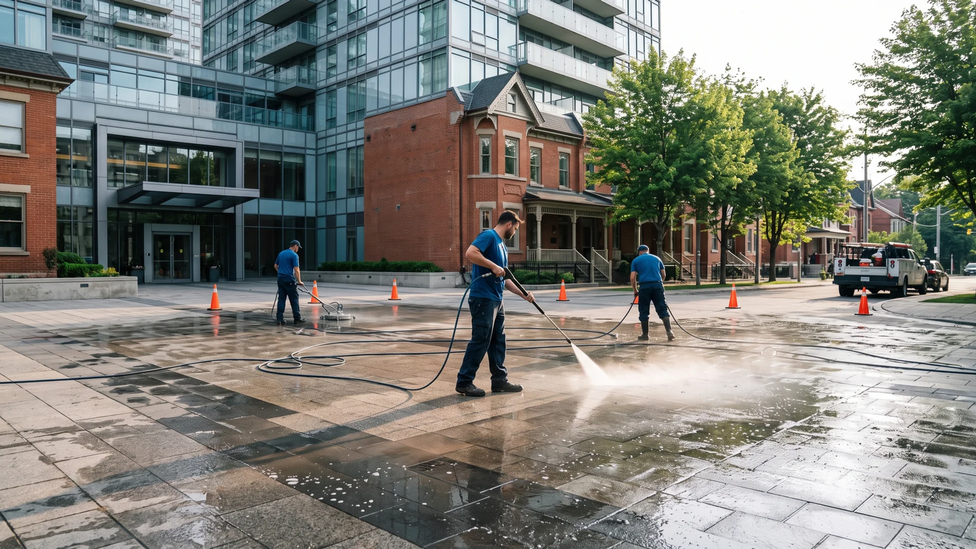 Toronto condo entrance plaza and courtyard freshly pressure washed on a weekend morning