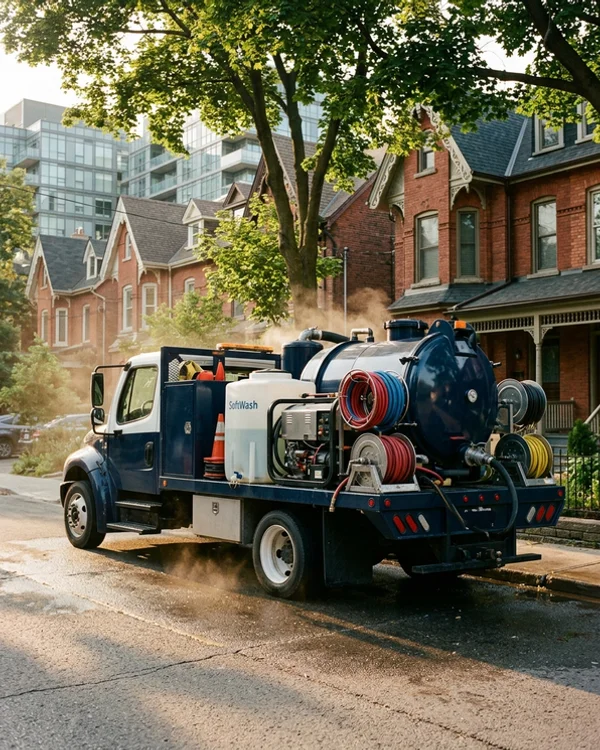 One service truck carrying a hot-water rig, SoftWash tank and hydrovac tank