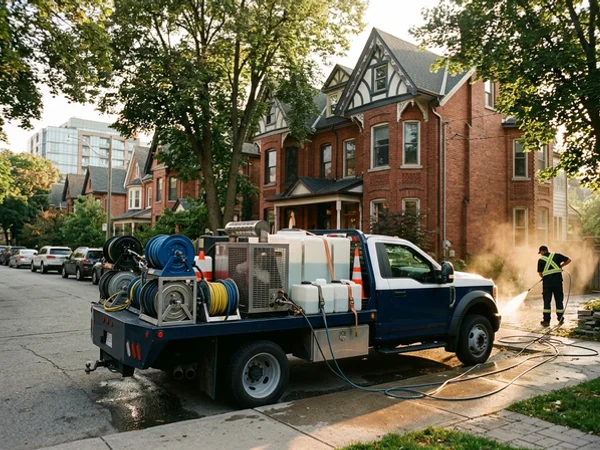 Truck-mounted hot-water rig and SoftWash tank parked outside a Toronto home