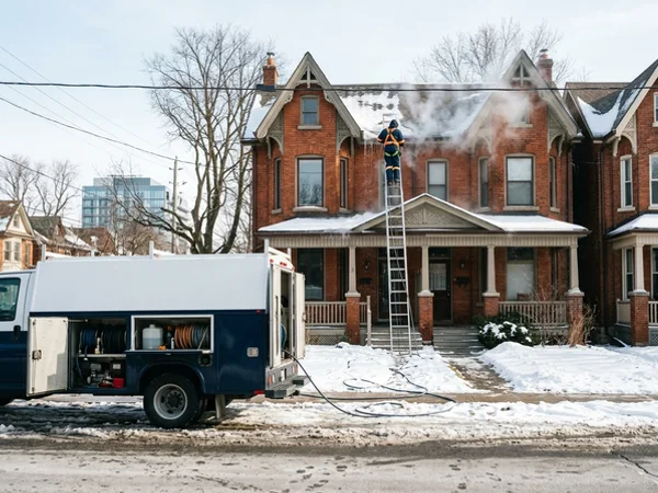 Truck-mounted steam unit with hose run to the roof