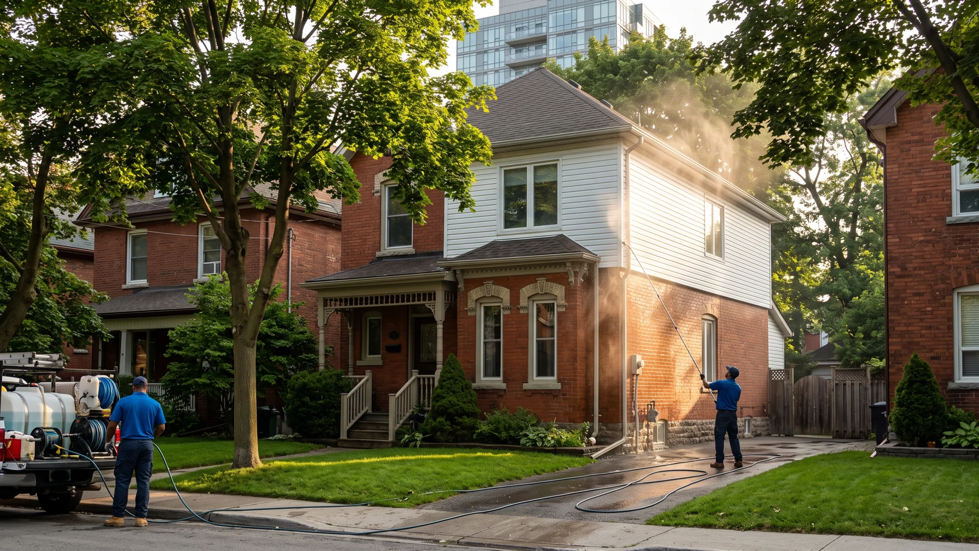 Two-storey Toronto home with vinyl siding and brick being soft washed