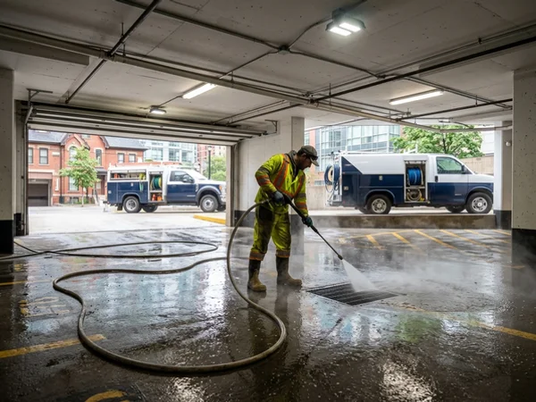 Underground condo garage washing with hydrovac recovery at the sump