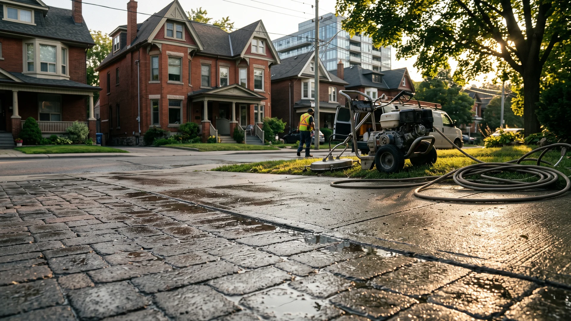 Freshly pressure washed concrete driveway and interlock walkway on a Toronto residential street