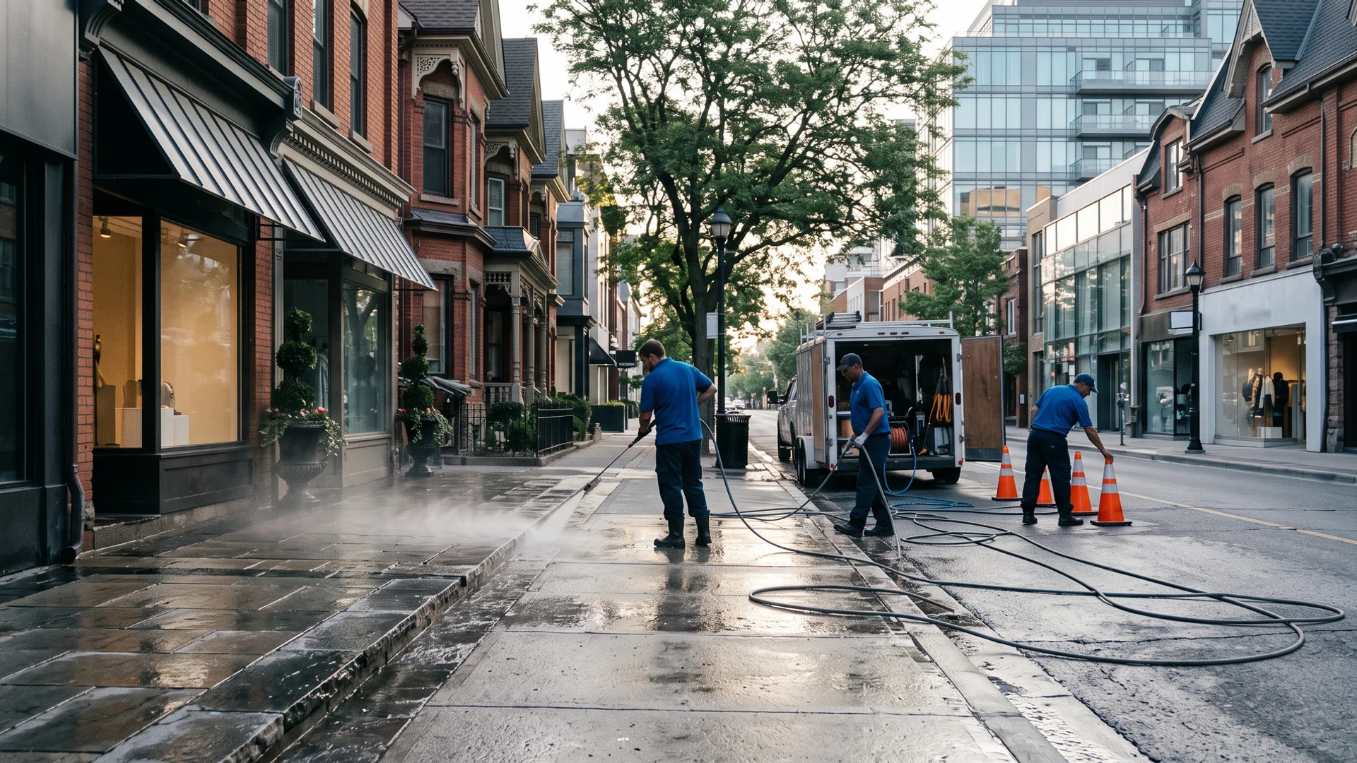 Early-morning hot-water washing of a Yorkville boutique entrance and sidewalk